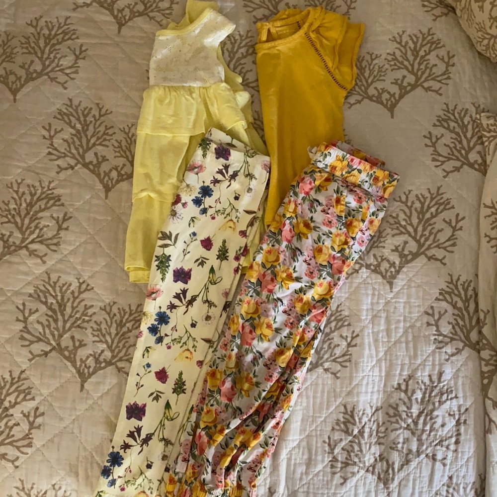Girls BCBG and Janie and Jack pants and top sets size 5 yellow and floral .